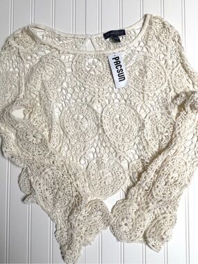 Kendall & Kylie Cream Crochet Lace Long-Sleeve Top